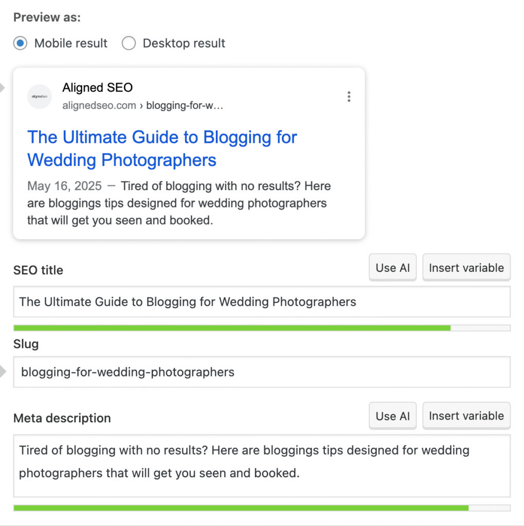 page title and meta description settings to show blogging for wedding photographers